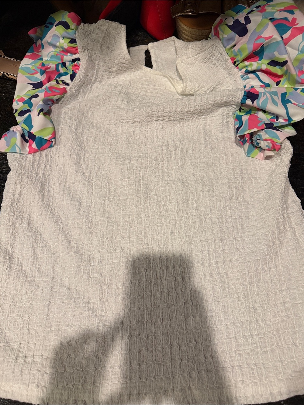 Women’s White Textured Top with Colorful Ruffle Sleeves